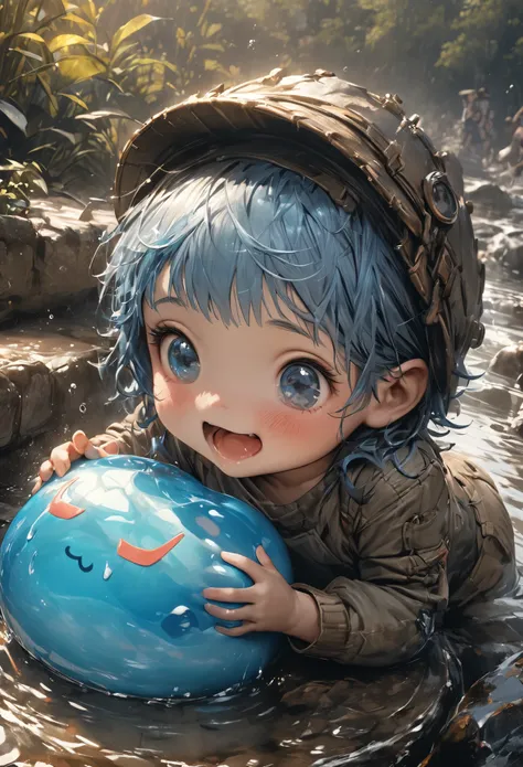 (((masterpiece))), (highest quality), (Ultra-high resolution), (best quality), (ultra detail), Colorful slime、Cute expression、Little boy with blue hair、In the great outdoors、Cool illustrations、Realistic representation of water、Octane Rendering Style、