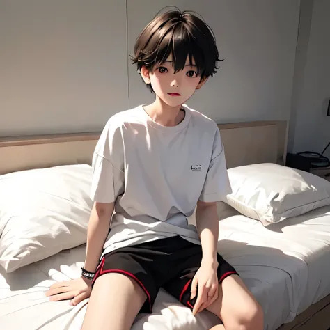 cute boy, Boy 1, 15 years old, Pinkish white skin, Short black hair, two-block style., red eyes, Wear shorts., Take off your shirt.., sitting on the bed,