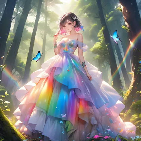 RAW Photos:1.2, masterpiece, Highest quality, 16K, Unbelievably absurd, Very detailed, Perfect beauty, Beautiful cute girl, A sheer dress, Off the shoulder, Strapless, Rainbow gradient, Tattoo butterfly arm, forest,