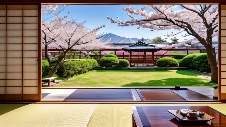 Tatami room in Japanese house、Tea Room、Cherry tree、Cherry blossoms dancing in the wind