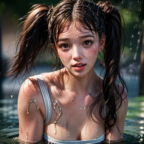 masterpiece of ExtremelyDetailed (ProfessionalPhoto of Stunning women:1.4) Looking at Sky, (((Downpour))), BraidHair with bun, (Joyful Expressions LifeLike Rendering), ((Extremely detailed beautiful face and eyes)) BlushAhegao SmoothArmpit LiquidSoap White...