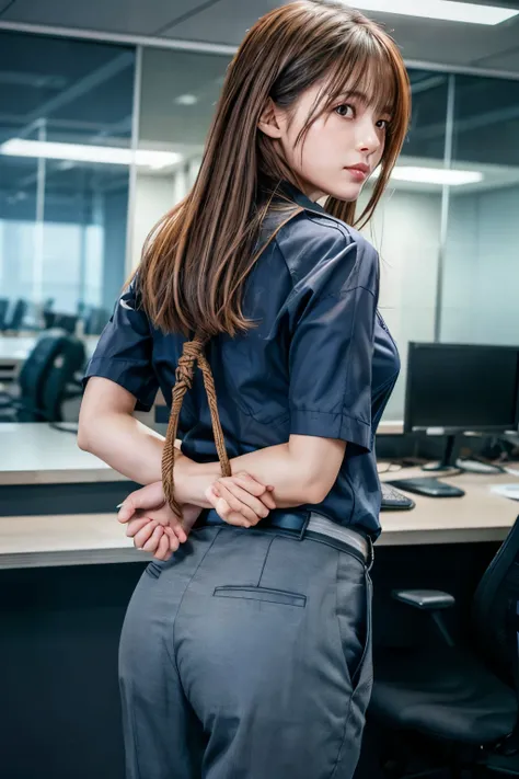 Five female bank employees are taken hostage after being attacked by robbers、All of them have their hands tied behind their backs with rope、Are standing、Back view、Wearing a bank uniform、Age 25、Beauty、Well-formed face、Medium build、Small Bust、Anatomically co...