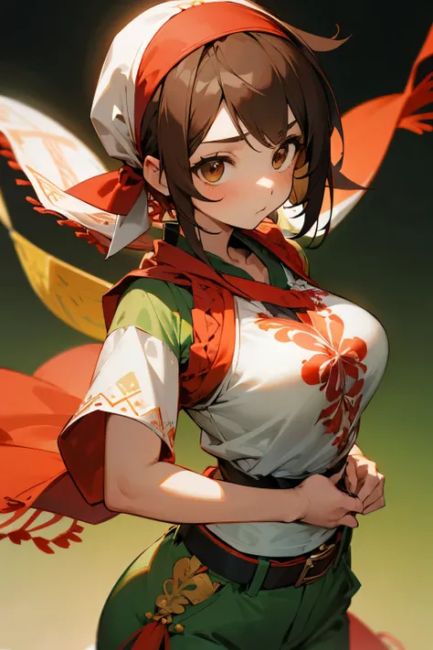 Cute girl, shawl and headband, brown eyes, red short-sleeved shirt, short green pants, big breasts, decorations and embroidery on clothes, black belt.