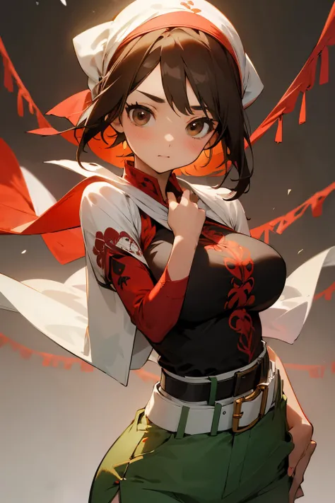 Cute girl, shawl and headband, brown eyes, red short-sleeved shirt, short green pants, big breasts, decorations and embroidery on clothes, black belt.