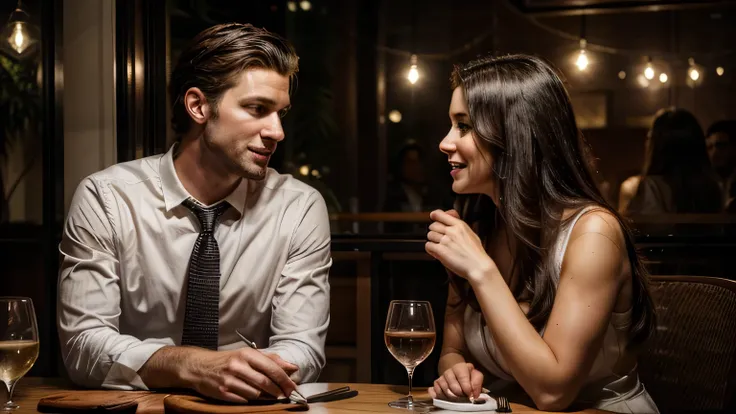 image of a handsome white man, 30years, chatting animatedly at a dinner with a pretty woman, 27 year old, dark-haired white