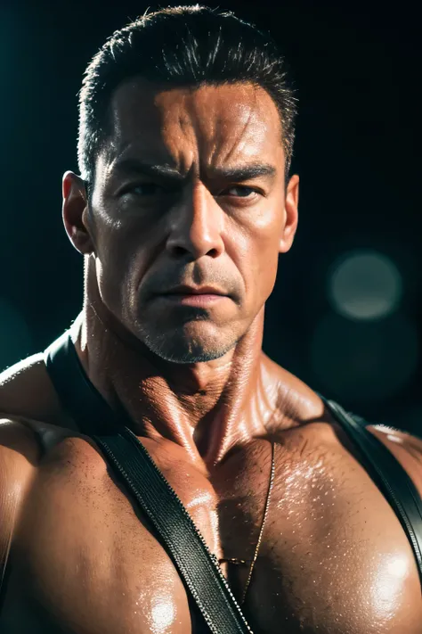 a muscular man with short hair, a muscular man with short hair, Jean Claude Van Damme, Arnold Schwarzenegger, action movie stars, action movie heroes, intense facial expressions, dynamic posing, gritty urban setting, dramatic lighting, cinematic atmosphere...