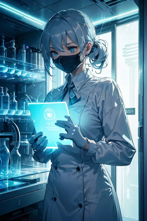 (Better Quality,High range),(Realistic:1.37),(Conceptual Art),(Portrait), (Scientist wearing mask in lab),(be familiar with,Scientific Research Laboratory),(Special containment unit),(Advanced Search Center),(Concentration),(bright,Clinical Lighting),(Glas...