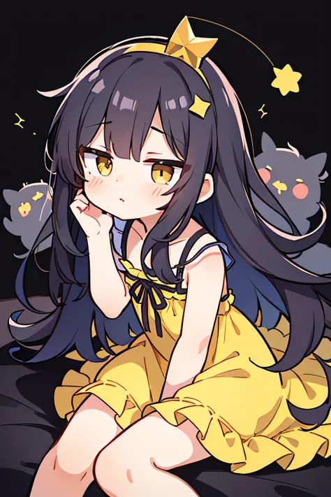 Top quality, masterpiece, Ultra-high resolution, Beautiful facial features, flat design, theme, Son of Shoko, Hoshino Ai, (sleepy eyes: 1.1), (Lovely Yellow Night Dress), Lovely, One hand on the face, bedtime, Messy long hair,
(Simple dark background), A h...