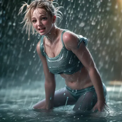 masterpiece of ExtremelyDetailed (ProfessionalPhoto of Stunning women:1.4) Looking at Sky, (((Downpour))), BraidHair with bun, (Joyful Expressions LifeLike Rendering), ((Extremely detailed beautiful face and eyes)) BlushAhegao SmoothArmpit LiquidSoap White...