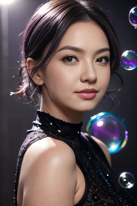 solo, 1girl, big breast, chubby, purple eyes, purple hair, bubble, looking at viewer, portrait, half-closed eyes, short hair, closed mouth,shiny bubbles,bubbles, colour shining in bubble, reflective bubbles,bubbles ,bubbles all around, turning into bubble