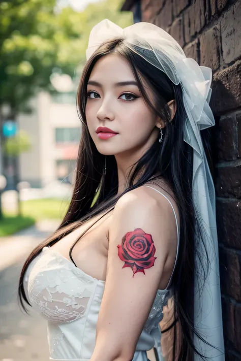 a beauty girl with long black hair and a white dress with red roses, big breast, chubby, tattoo, detailed beautiful eyes, guweiz...