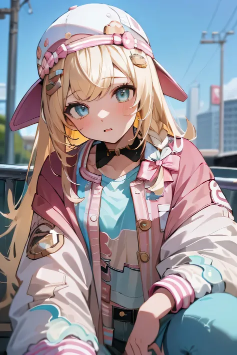 masterpiece, Extremely detailed, 8k, pink knit letterman jacket, snap fastener, girl on top, straddling, pink baseball cap,