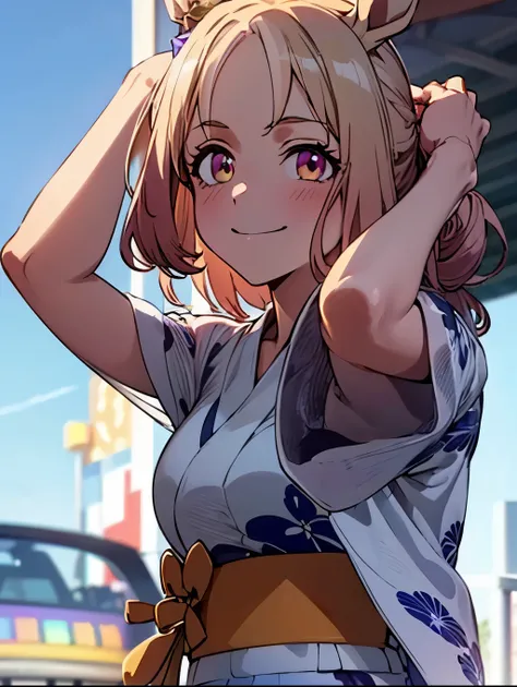 narita top road (umamusume), 1 girl, Solo, Best Quality, masterpiece, 8K, High resolution, Ultra-detailed, yukata, low bun, light smile, summer, blue sky,