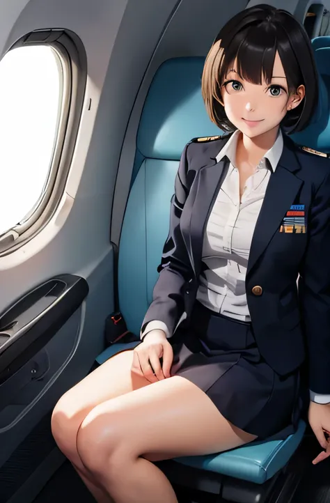 flight attendant girl,summer,short hair,smile,uniform,8k, highest quality, masterpiece