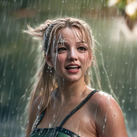 masterpiece of ExtremelyDetailed (ProfessionalPhoto of Stunning women:1.4) Looking at Sky, (((Downpour))), BraidHair with bun, (Joyful Expressions LifeLike Rendering), ((Extremely detailed beautiful face and eyes)) BlushAhegao SmoothArmpit LiquidSoap White...