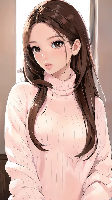 girl, long brown hair, brown eyes, sharp features, white skin, pink lips, perfect, sweater