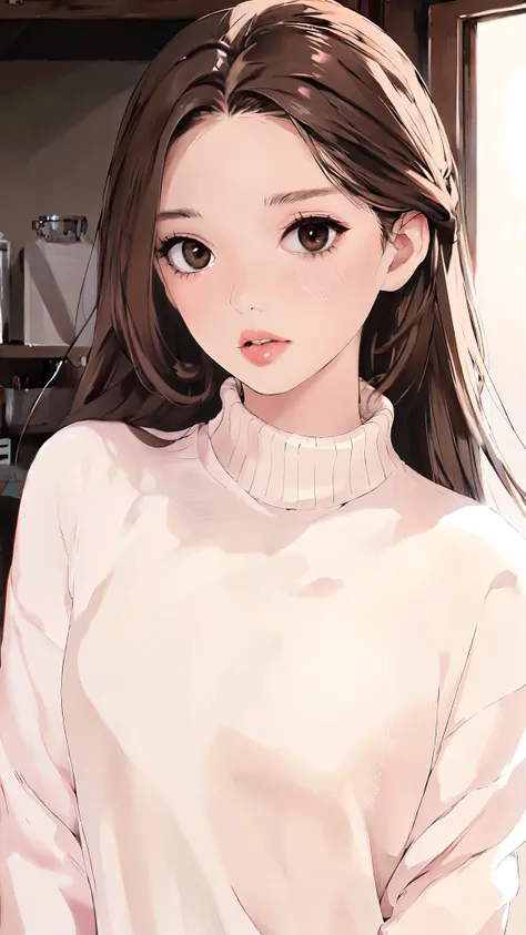 girl, long brown hair, brown eyes, sharp features, white skin, pink lips, perfect, sweater