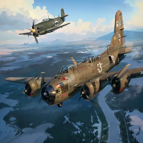 two old world war planes flying over a snowy landscape, bomber planes, by Howard Lyon, by David G. Sorensen, by László Balogh, by Derek Hill, by Bob Singer, by Ben Zoeller, by Stan Stokes, by Randy Gallegos, by Bob Ringwood, by Michael Sutfin, by Dechko Uz...