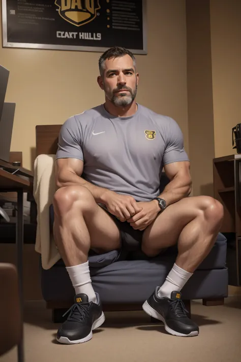 Best Quality, detailed, handsome dilf, unkempt, hairy arms and legs, gray fur, dilf trainer, sneakers, white socks, calves, office environment, office desk, relaxing, sofa, pubis, dad, very hairy, thick beard, White man, Proportionate body, best legs, wool...