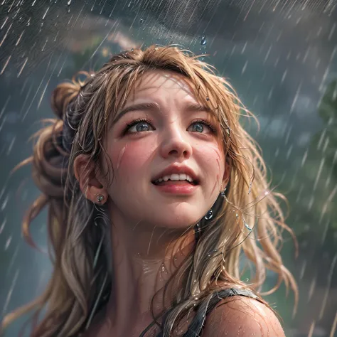 masterpiece of ExtremelyDetailed (ProfessionalPhoto of Stunning women:1.4) Looking at Sky, (((Downpour))), BraidHair with bun, (Joyful Expressions LifeLike Rendering), ((Extremely detailed beautiful face and eyes)) BlushAhegao SmoothArmpit LiquidSoap White...