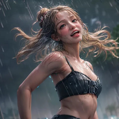 masterpiece of ExtremelyDetailed (ProfessionalPhoto of Stunning women:1.4) Looking at Sky, (((Downpour))), BraidHair with bun, (Joyful Expressions LifeLike Rendering), ((Extremely detailed beautiful face and eyes)) BlushAhegao SmoothArmpit LiquidSoap White...