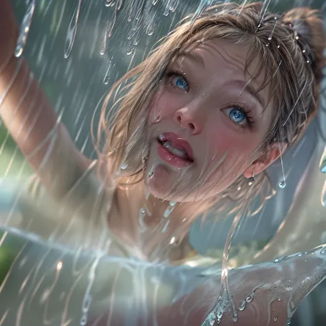 masterpiece of ExtremelyDetailed (ProfessionalPhoto of Stunning women:1.4) Looking at Sky, (((Downpour))), BraidHair with bun, (Joyful Expressions LifeLike Rendering), ((Extremely detailed beautiful face and eyes)) BlushAhegao SmoothArmpit LiquidSoap White...