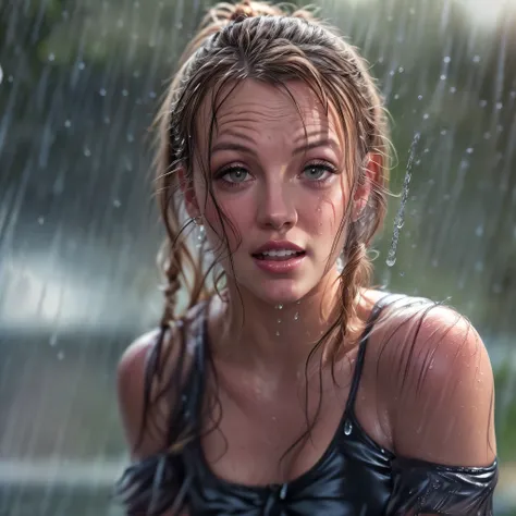 masterpiece of ExtremelyDetailed (ProfessionalPhoto of Stunning women:1.4) Looking at Sky, (((Downpour))), BraidHair with bun, (Joyful Expressions LifeLike Rendering), ((Extremely detailed beautiful face and eyes)) BlushAhegao SmoothArmpit LiquidSoap White...