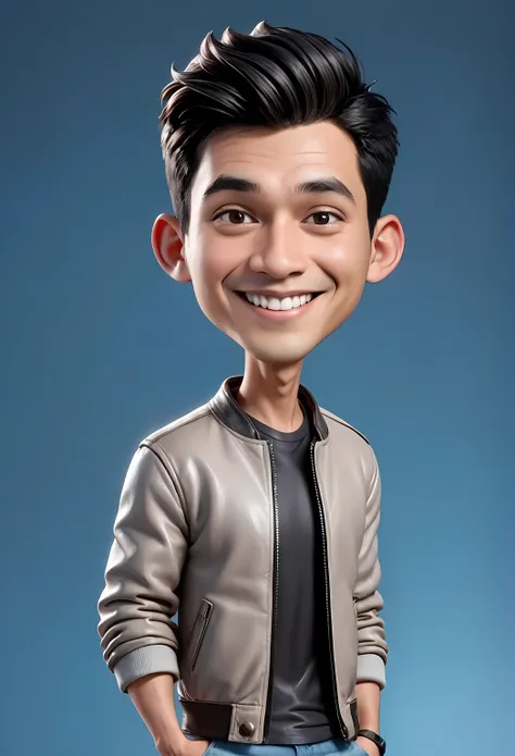 Create a 3D animation of a cartoon caricature with a big head. a 20 year old Indonesian man. He has short black hair parted on the right side. His face is oval with smooth lines, thick and neat black eyebrows, normal eyes, a big nose, and thin lips with a ...