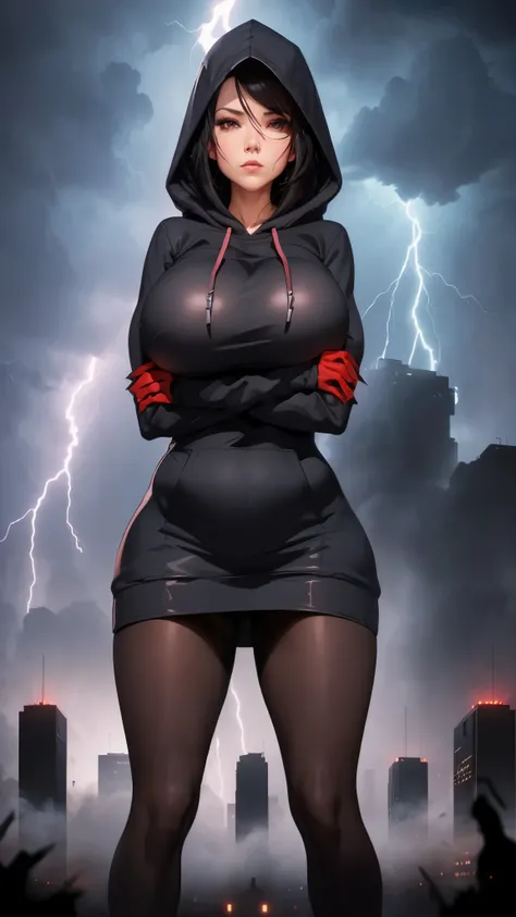 city, fog, (huge boobs), (huge hips), darkness woman black hair, black red hoodie mini dress, pantyhose, hood, gloves, fog, boom, ( lightning background), (((two arms crossed  hoodie))),