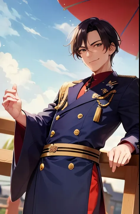 1 man,1 dandy middle age man,kimono,military or naval uniform,folding ones arms,smiling,looking at viewer,watch,anime style,masterpiece, extremely fine and beautiful,japanese