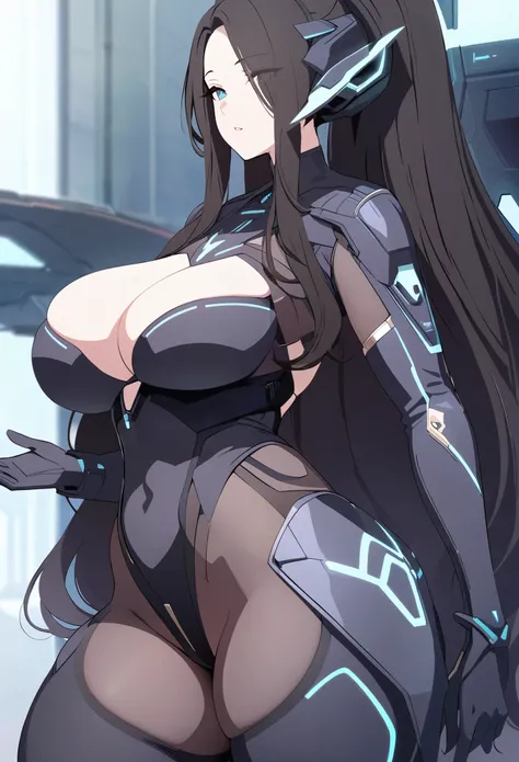 young woman, curvy body, thick thighs, long black luxurious hair, Science fiction, sexy costume, calm look, 