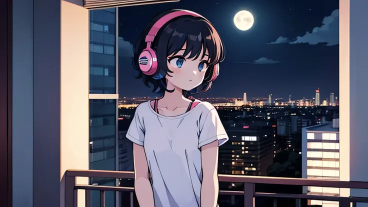 1 girl, 90s anime style, night,Black short Hair, flat chest, Balcony of the apartment、 moon, Girl with headphones, late night ベランダ, listen to music alone, city pop, low quality, Lo-Fi, Chill, late night, Balcony of a single room, dark room, futuristic nigh...