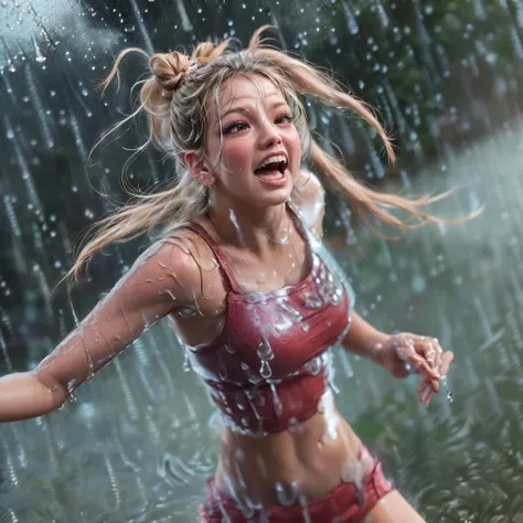 masterpiece of ExtremelyDetailed (ProfessionalPhoto of Stunning women:1.4) Looking at Sky, (((Downpour))), BraidHair with bun, (Joyful Expressions LifeLike Rendering), ((Extremely detailed beautiful face and eyes)) BlushAhegao SmoothArmpit LiquidSoap White...