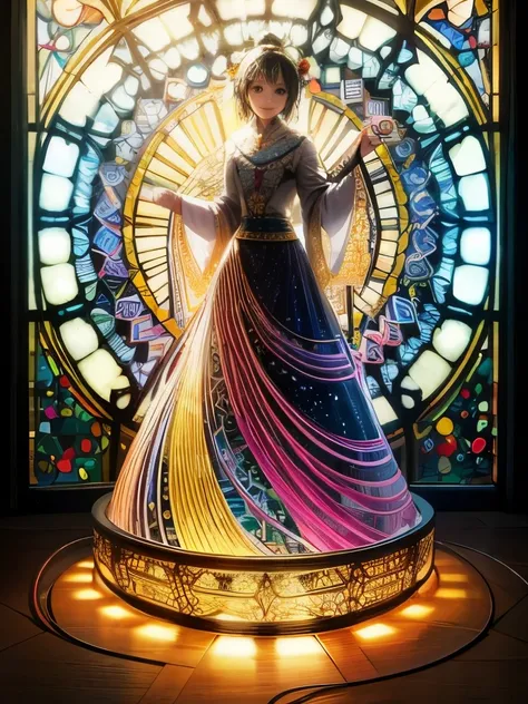 (masterpiece,Highest quality,Highest quality,Official Art,beautifully,Ultra high definition,aesthetic:1.2)、(One girl:1.3)、One girl BREAK stained glass art、Colored Glass、Lead wire、Light transmission BREAK Vivid colors、Intricate Design、Glowing effect、Spiritu...