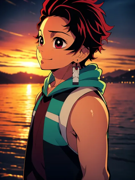 Highres, Masterpiece, Best quality at best,Best Quality,hight quality, hight detailed, Anime style, 1boy, Shota, young boy, Solo person, Tanjiro, earring, red hair, smile, (Sleeveless hoodie), Bare shoulder, Seen from the front, look at viewer, upper body,...