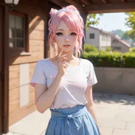 there is a woman with pink hair and a white shirt posing, Anime girls in real life, Belle Delphine, Pink ponytail and blue eyes, anime girl cosplay, beautiful anime girl, Attractive anime girl, realistic anime girl, cute kawaii girl, Cute girl with short p...