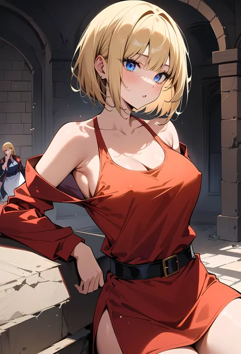 masterpiece, best quality, very aesthetic, absurdres, newest,1girl,naked_shirt, covered_nipples, ,blue_mary(fatal_fury), snk, the_king_of_fighters, 1girl, bare_shoulders, blonde_hair, blue_eyes,  short_hair, bob_cut,,,in a castle