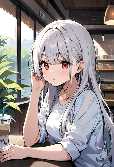 masterpiece, best quality, very aesthetic, absurdres, newest,1girl,naked_shirt, pussy_hair, ,formidable_(azur_lane), azur_lane,1girl,  red_eyes, very_long_hair, grey_hair, hair_ribbon, long_hair, twintails, absurdly_long_hair,  white_ribbon,,,in a cafe