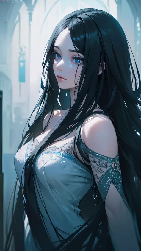 a woman with long black hair, surreal fantasy, (best quality,4k,8k,highres,masterpiece:1.2),ultra-detailed,(realistic,photorealistic,photo-realistic:1.37),intricate details,highly detailed face and eyes,beautiful porcelain skin,elegant flowing dress,dramat...