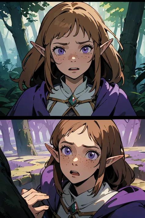 (masterpiece), best quality, expressive eyes, perfect face, magical, fantasy, DnD Character, woman, Half-elf, druid, long brown hair, lavender purple eyes, gold accessories, fair skin, pretty, freckles, in forest, druid clothing, magical glowing, magical f...