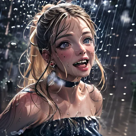 masterpiece of extremelydetailed (professionalphoto of stunning women:1.4) looking at sky, (((downpour))), braidhair with bun, (...