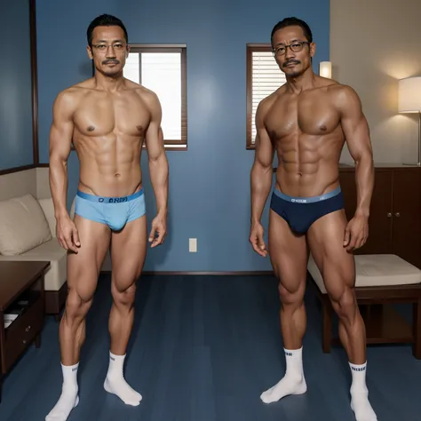 40 years old，Hidetoshi Nakata，（Kogoro Mori 1.3），Two skinny muscular men standing，dark skin，Body hair，whole body，foot，Black socks，Glasses，Light blue underwear，Topless，Body hair茂密的，Fortitude，HD，With a mustache，