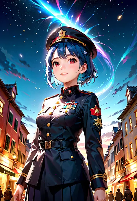 a girl in army-colored military uniform, looking up at the night sky, wearing a hat that matches her outfit, with blue hair and red eyes, smiling, full body, fish-eye lens, many shooting stars, with floating light particles, elemental ambience, low angle, ...