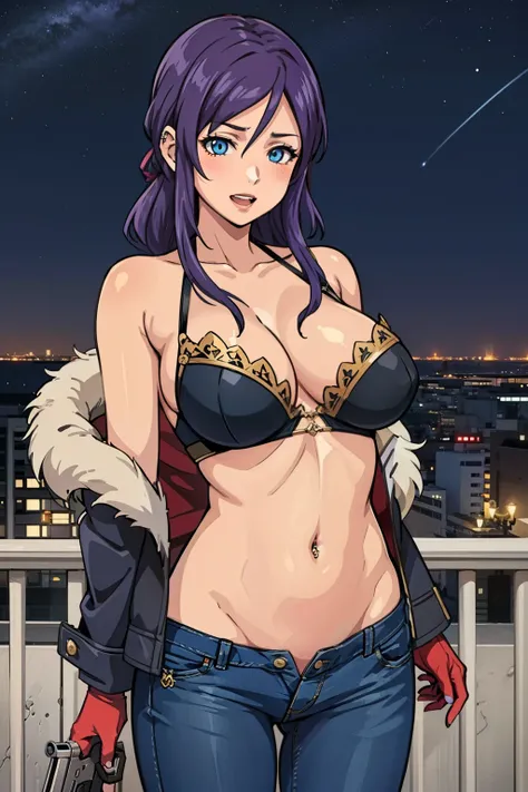 NonoharaMikako, milf, anime cels style, 1girl, large breast, purple hair, long hair, red lipstick, makeup, blue eyes, perfect eyes, detailed eyes, detailed hair, blush, lipstick, outdoors, rooftop, cityscape, building, railing, night, night sky, scenery, c...