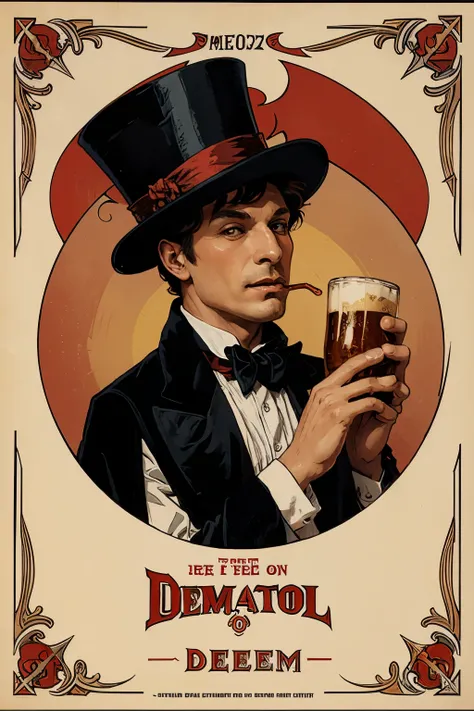 illustration of a red demon drinking beer wearing a top hat and cape, in the style of an Alphonse Mucha poster