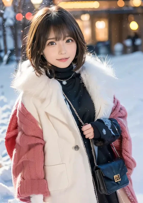 Photo from the waist up、Night city illumination shot、Cowgirl Shot、Fur coat、Luxurious grey mink fur coat、Wear fine leather boots、Luxury Bags、Inner turtleneck、Silver necklace and small silver earrings Millionaire style:1.4））、Full body photo、smile、 Caustics、H...