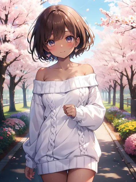 ((Highest quality, High resolution,  Perfect Pixel,  4K)),  (Beautiful Anime Girls), Depth of written boundary、
looking at viewer, 

short hair, Baby Face、Detailed eyes、Round face、he is short、
 
Brown Hair、(Brown Skin:1.5)、Big Breasts、

garden、spring、noon、...