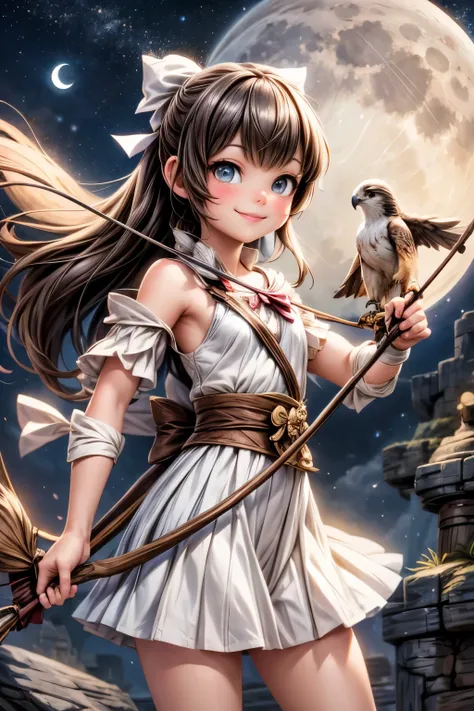 a cut archer girl smiling ((holding a bow)), a falcon perched on the bow, fantasy art style, at night, nighs scenery, moon, starry sky