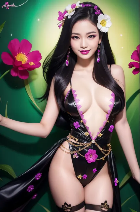 sexy Thai model who controls poison、beautiful smile、lipgloss、bold lipstick、intense makeup、look at the camera、full body Esbian、、sparkling poisoned flower costume、、、、sparkling Colorful hair、secrete poison、skull hair accessories、sexy tights、shiny sparkling fl...