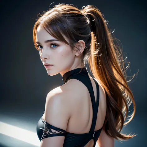 Close-up of a woman with a ponytail and a black dress, Emma Watson wearing fancy fish, Emma Watson, photo of Emma Watson in swimsuit, Emma Watson wearing a swimsuit, Emma!! Watson!!, photo of Emma Watson, of Emma Watson, Emma Watson as driada, face of Emma...